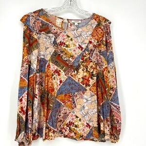 Andree Patchwork Blouse Long Sleeve Ruffle Front Career Wear Business Size 1X